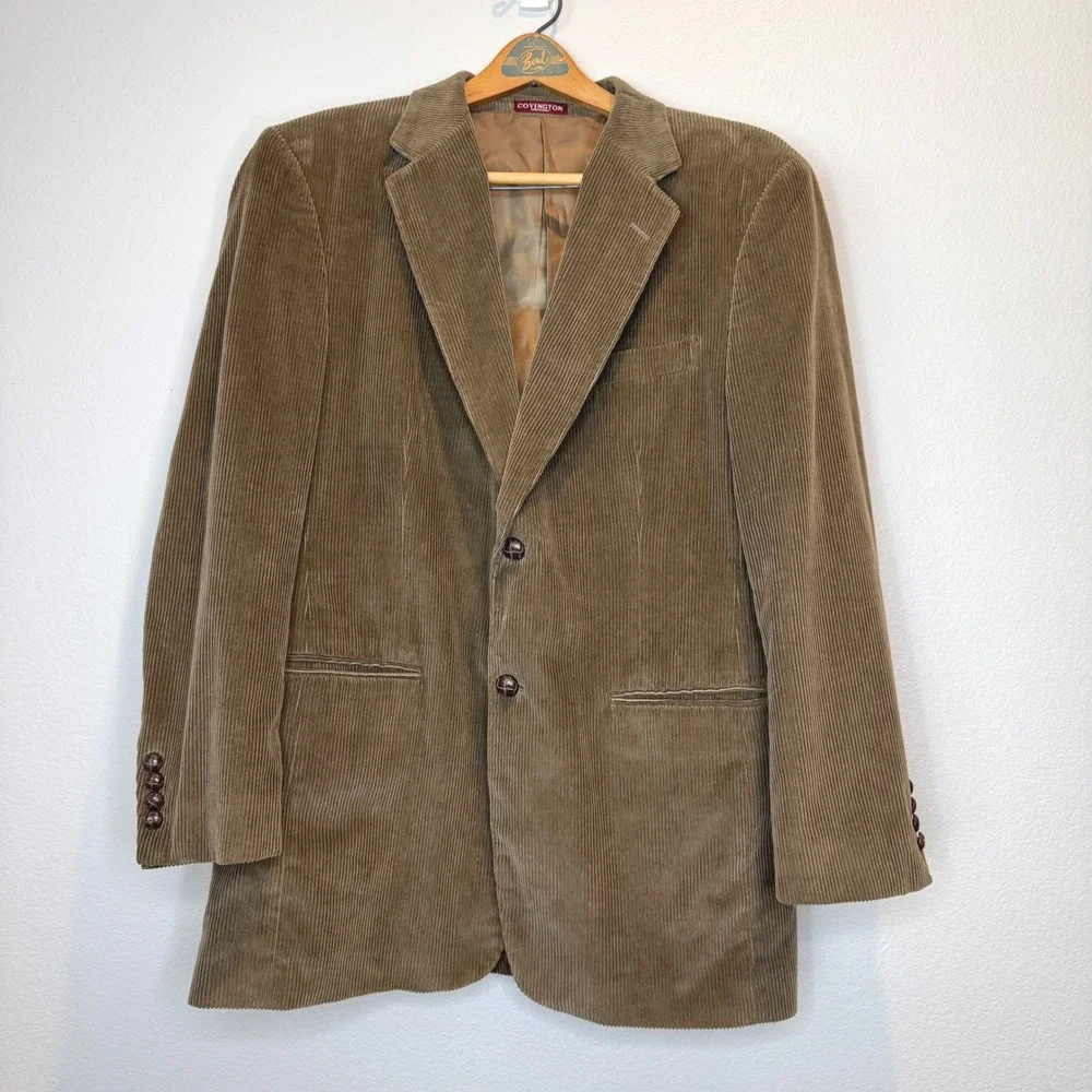 COVINGTON Corduroy Mens Sport Coat 46R Lt Brown Leather Buttons Professor Preppy